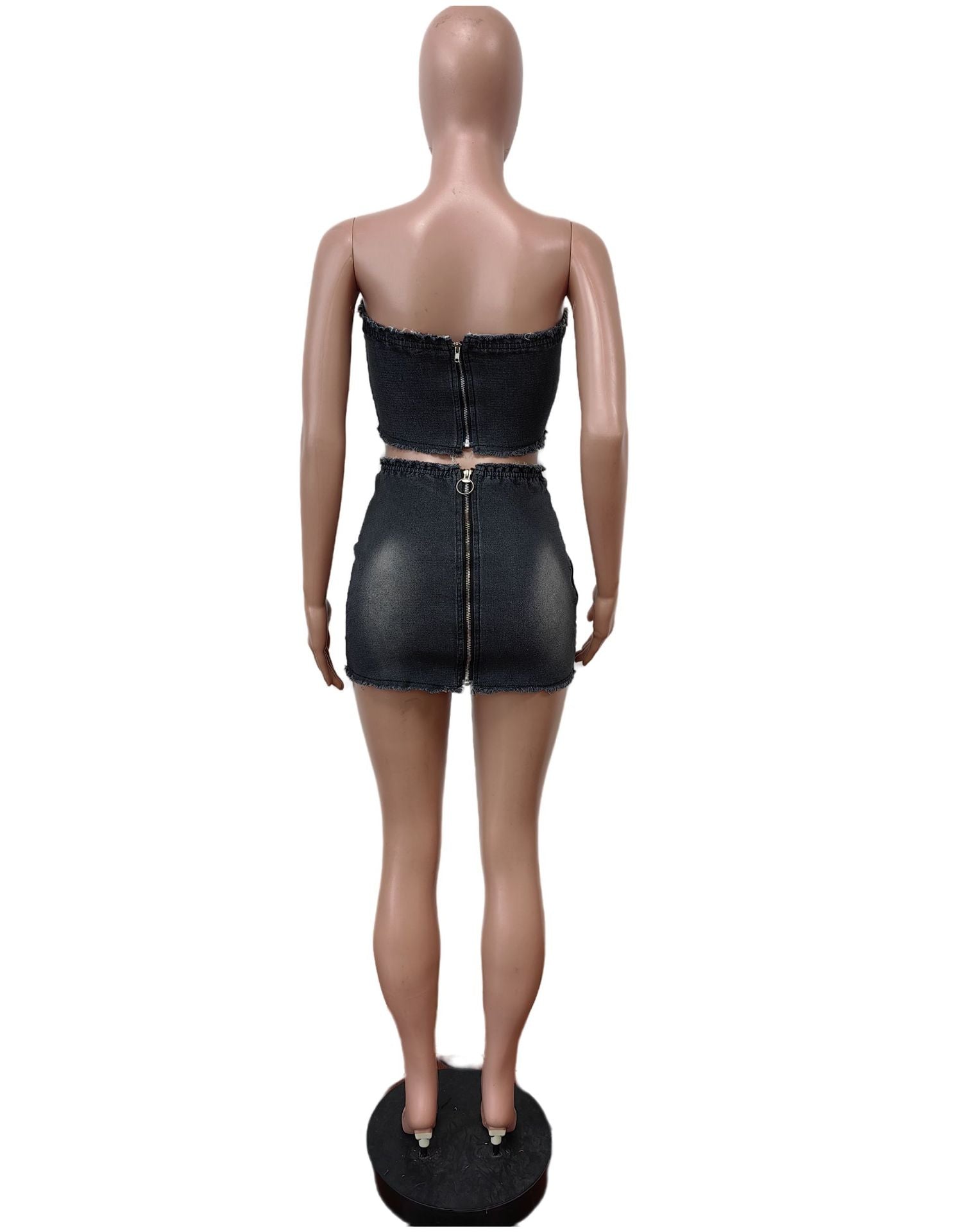 Summer Strapless Belt Elastic Denim Skirt Set 11