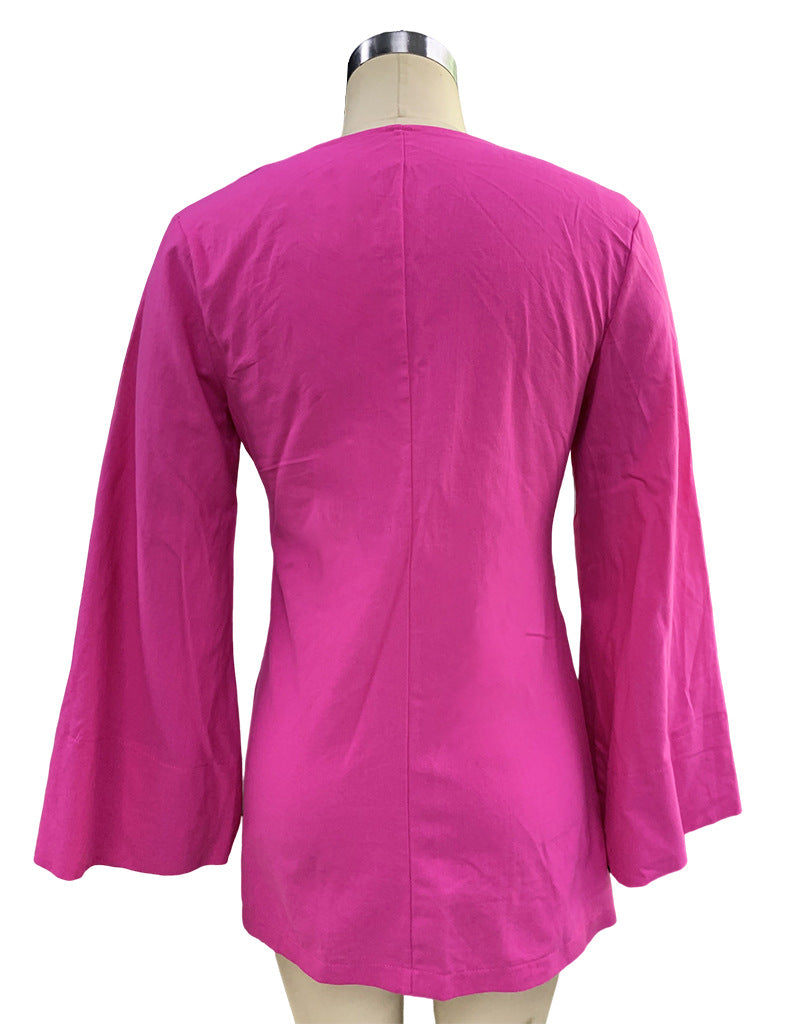 Ladies Fashion Chic Bell Bottom Sleeve V Neck Linen Dress 18