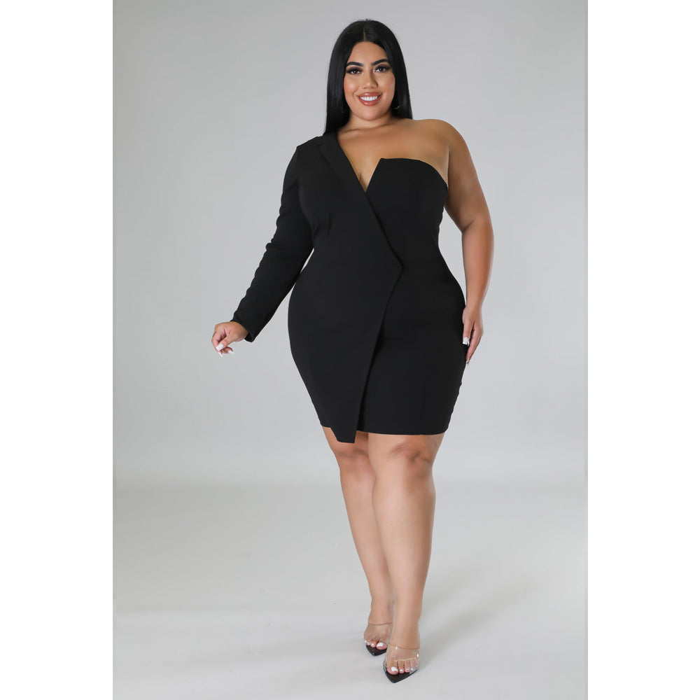 Plus Size Women'S Summer One Sleeve Solid Tight Fitting Sexy Formal Dress 3