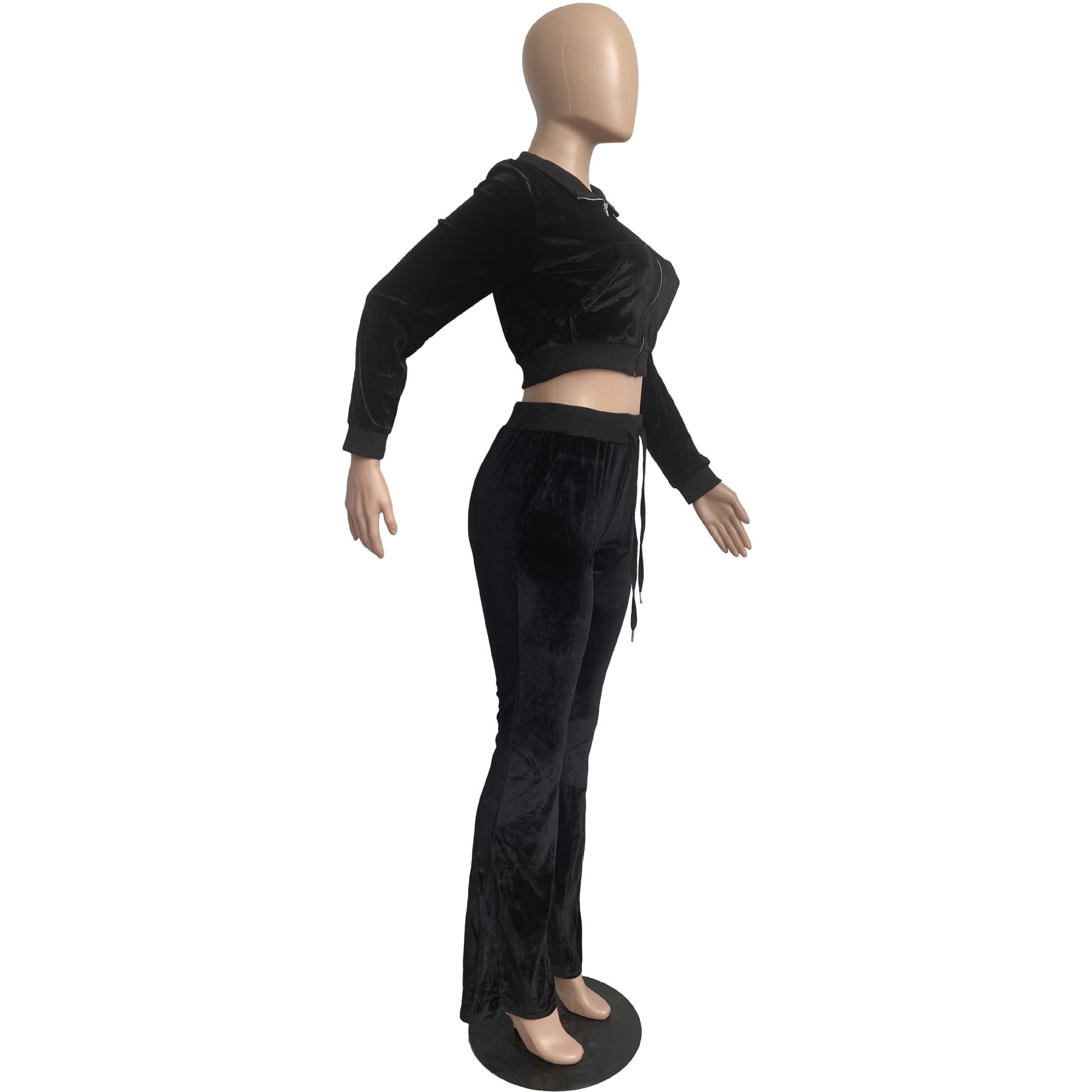 Women's Solid Color Velvet Long Sleeve Sexy Zipper Crop Top Pants Casual Sports Two Piece Set 37