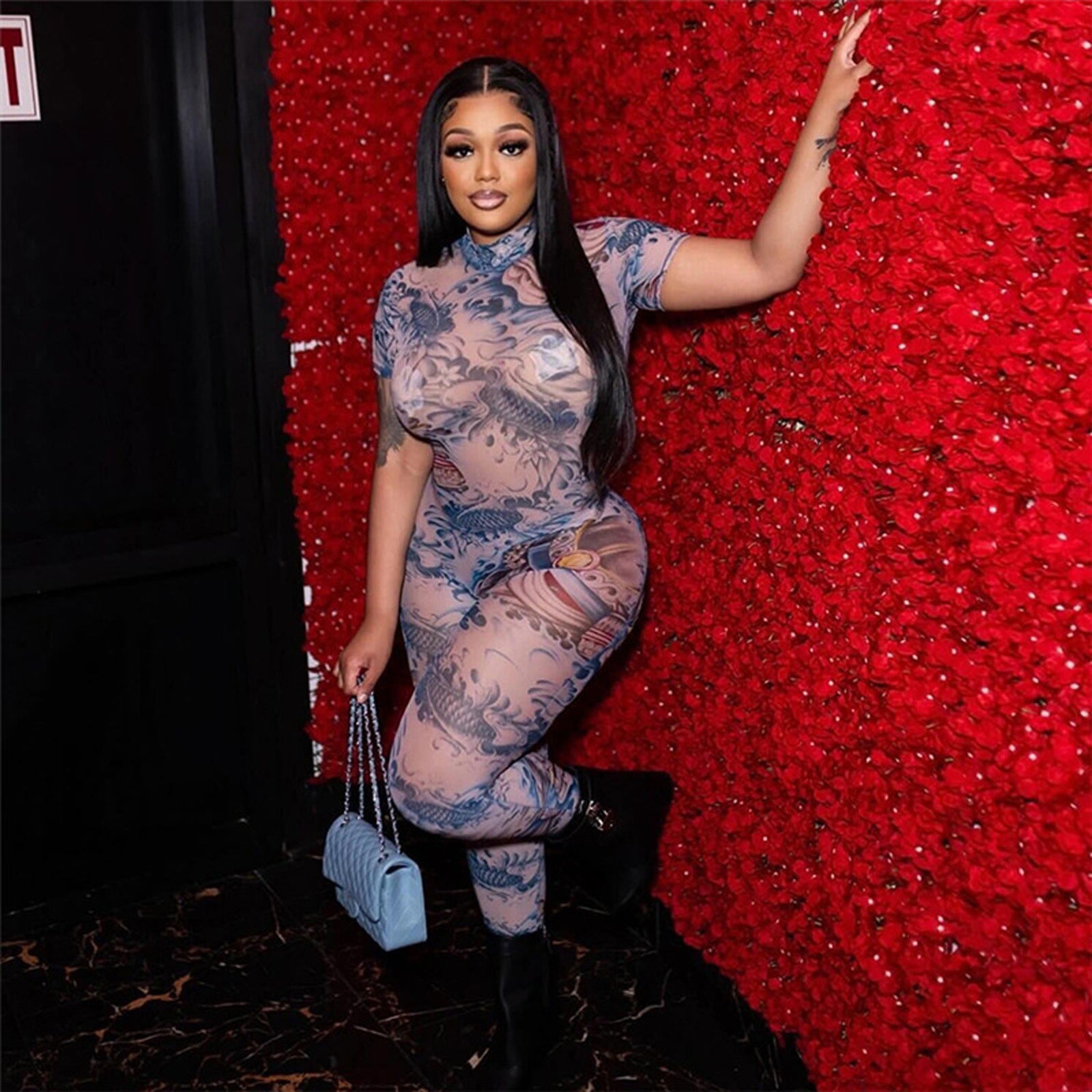 Women Sexy Backless Print See-Through Mesh Jumpsuit 3