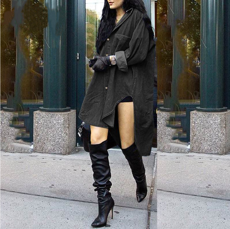 Women Long Sleeve irregular sides Denim Shirt 4