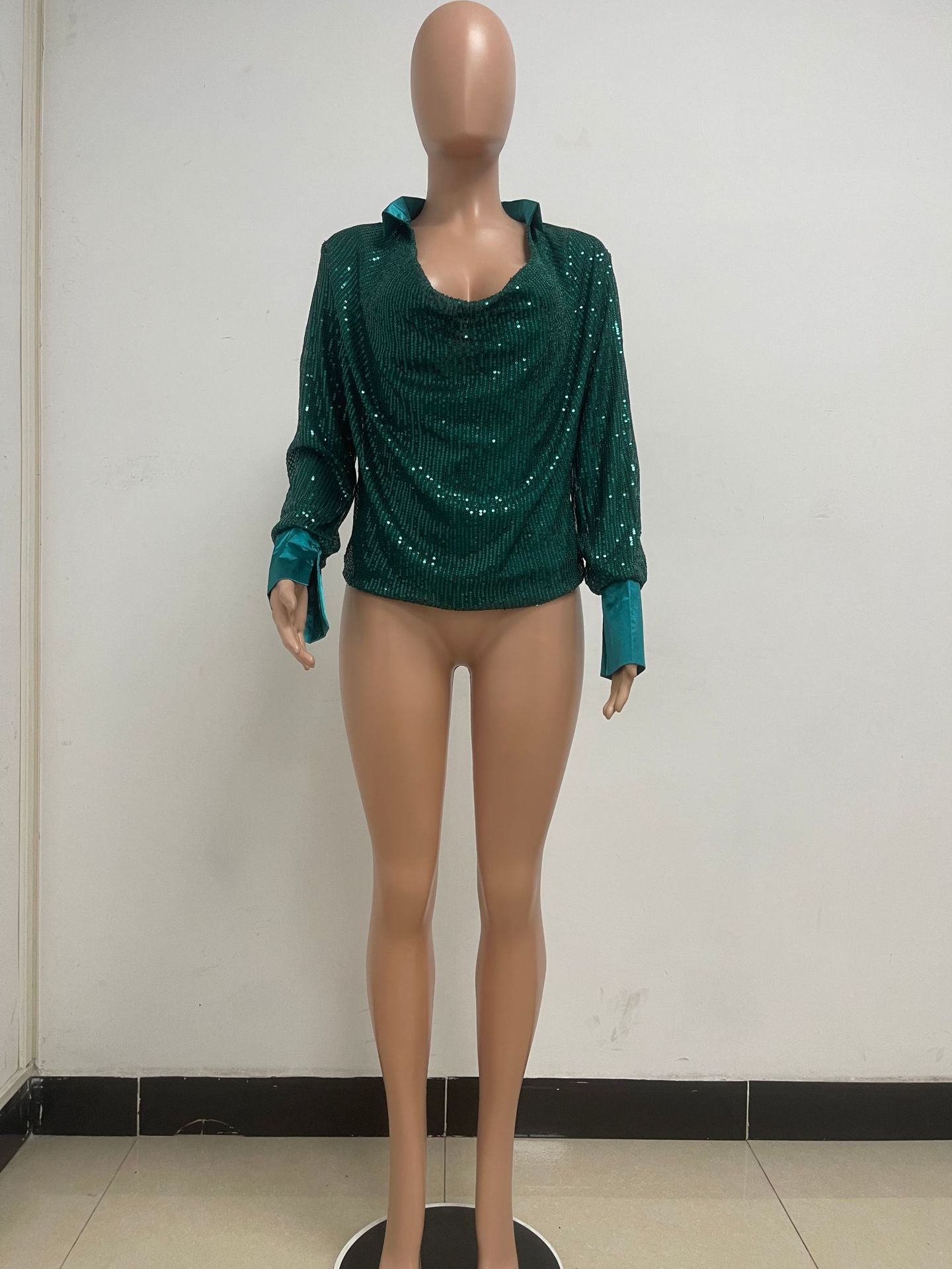 Women's Deep V Pleated Loose Ladies Chic Sequin Long Sleeve Shirt 41