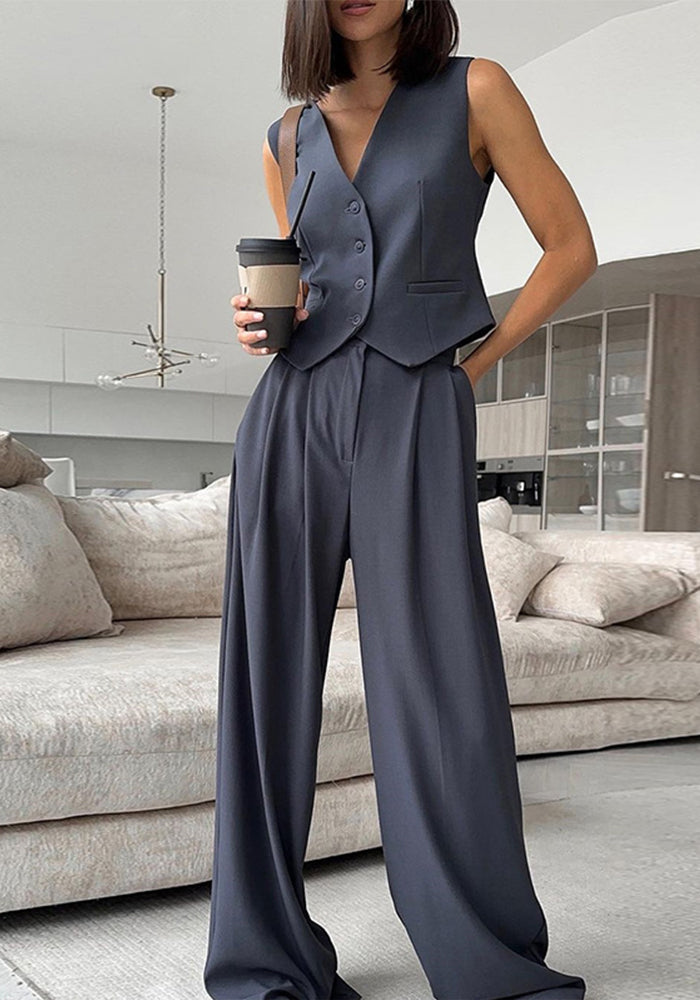 Women V-Neck Sleeveless Vest and Wide Leg Trousers Two Piece Set