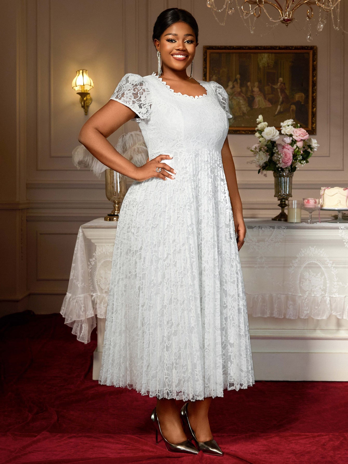 Plus Size Lace Trim Elegant Square-Neck Flared Party Dress 5