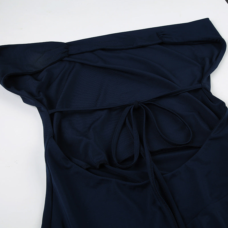 Women's Chic Solid Color Pleated Off-Shoulder Sexy Low-Back Lace-Up Waist Mini Dress 21