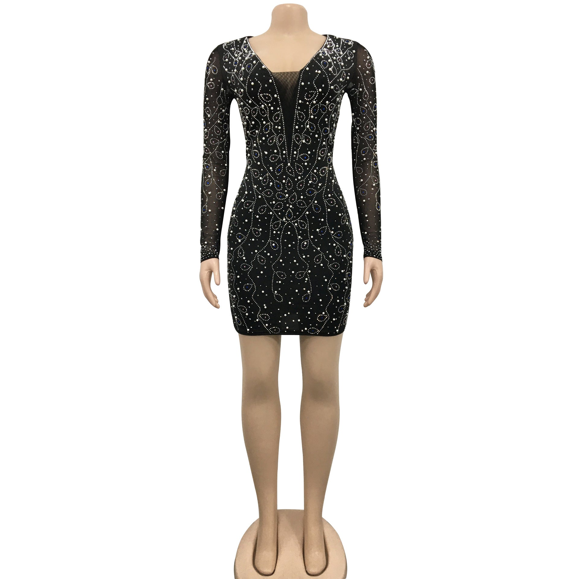 Women Sexy Beaded V-Neck Long Sleeve Mesh See-Through Bodycon Dress（customized,MOQ 6pcs/size/color,process time 7-10 days） 17