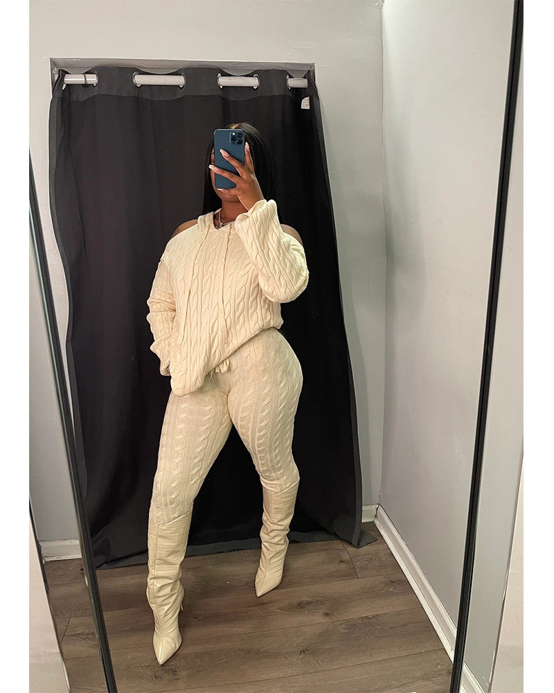 Women's Fashion Solid Color High Stretch Knitting Hooded Sweater Slim Long Pants Two Piece Set 6