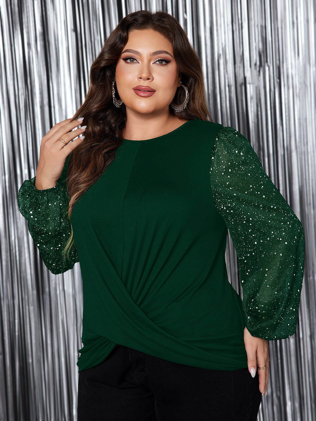 Plus Size Women puff sleeve Round Neck long sleeve shirt 3