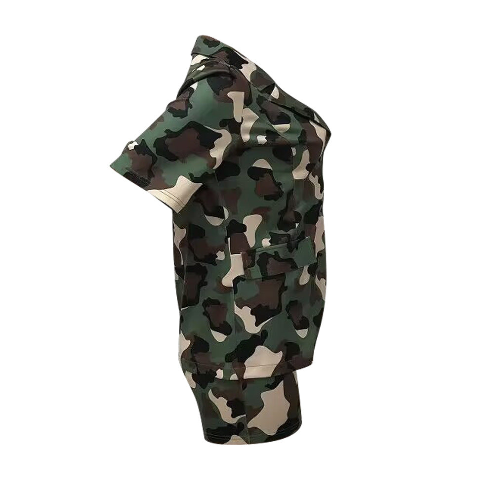 Women popular camouflage printed short-sleeved top and shorts Casual two-piece set 5