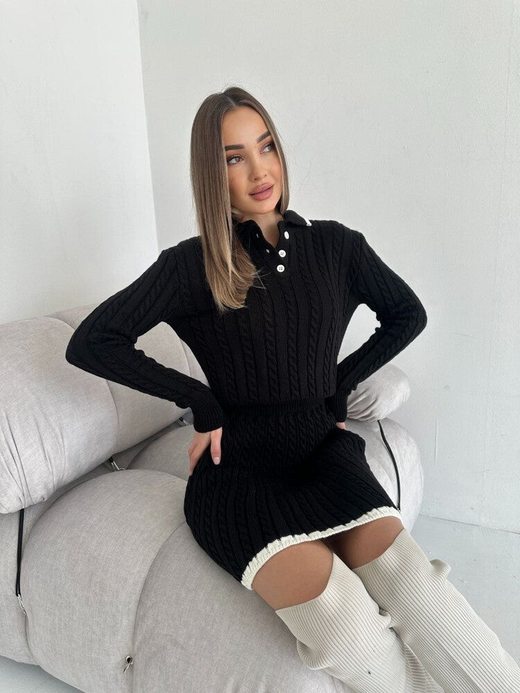 Women Casual long-sleeved knitting button sweater Skirt two-piece suit 3