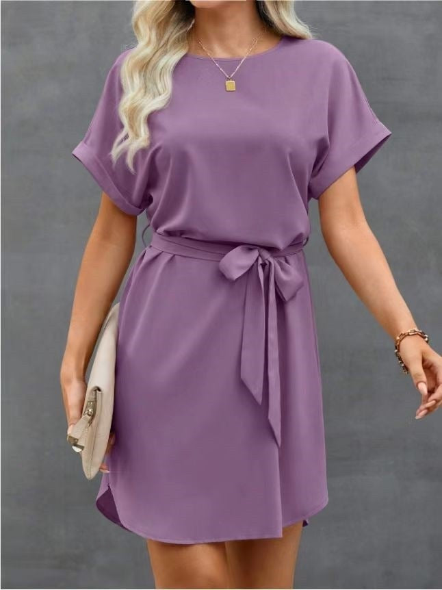 Women Lace-up Waist Short Sleeve Dress 8