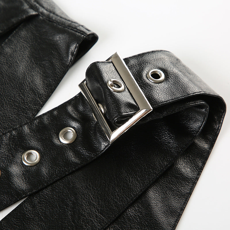 Punk Sexy Leather V-Neck Strap Vest Top Hollow Pin Buckle Adjustable Skirt Set 20