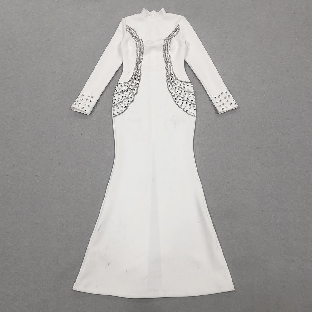 Fall/Winter Long-Sleeve Bandage Dress Rhinestone High Neck Party Gown 8