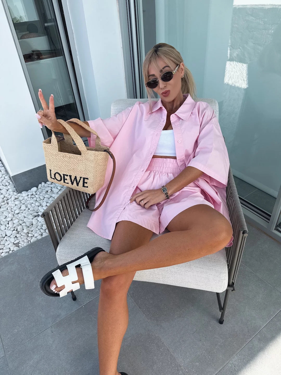 Women spring and summer Casual Solid short-sleeved shirt loose shorts two-piece set 11