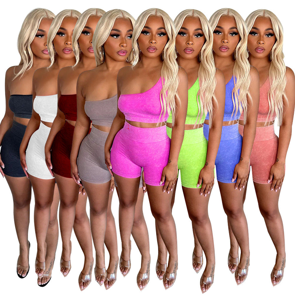 Slash Shoulder Sleeveless High-Rise Shorts Casual Tracksuit 10