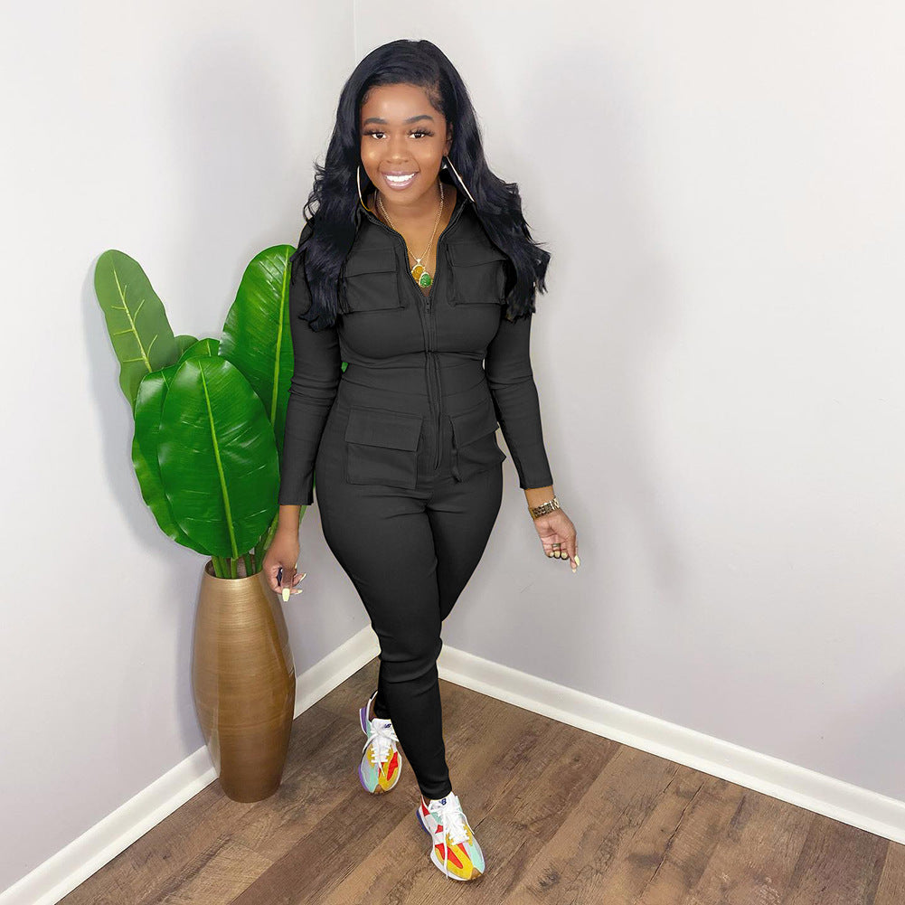 Women's Fall/Winter Solid Color Zip Pocket Cargo Jumpsuit 3