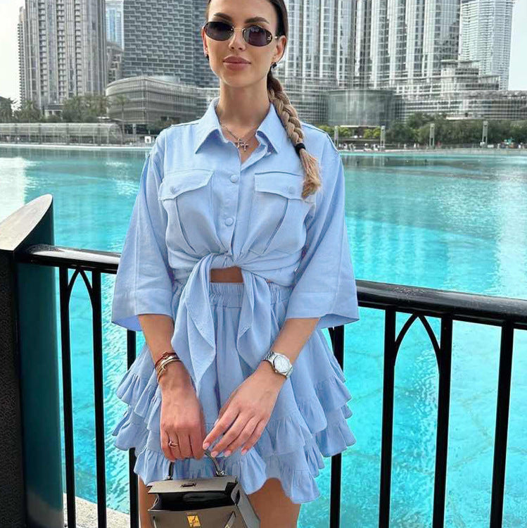 Turndown Collar Short Sleeve Shirt Fashion Ruffled Cake Skirt Two Piece Set 4
