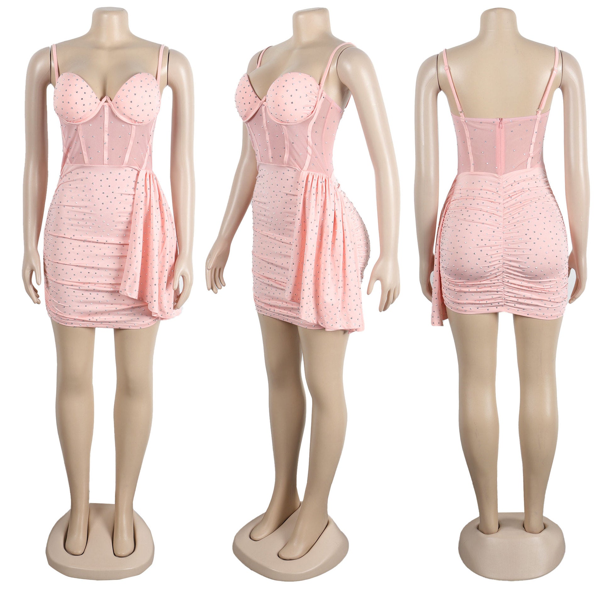 Sexy Slim Beaded Patchwork Sling Pleated Bodycon Dress 5