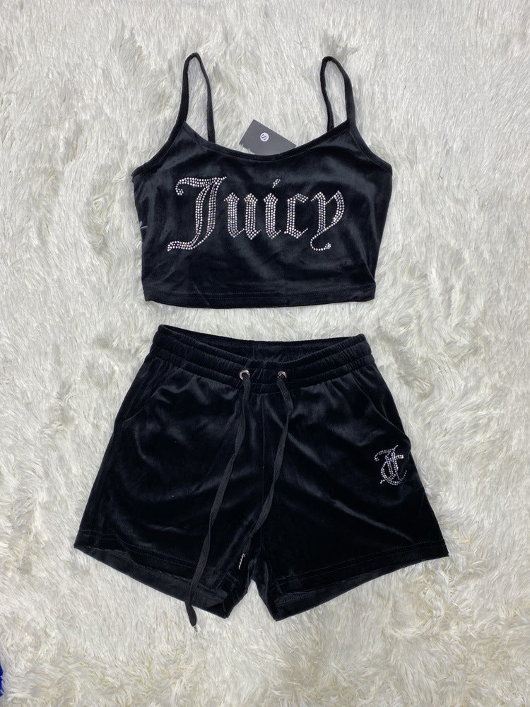 Women Hot diamond suspender Top and shorts Two Piece Set