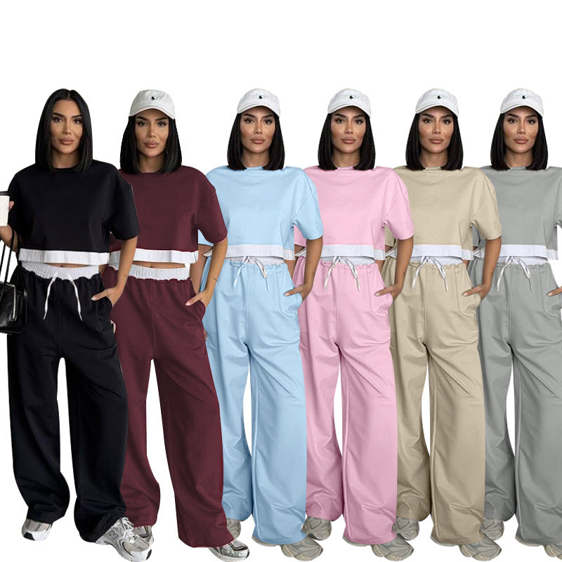 Women Summer Solid Round Neck Short Sleeve Top and Casual Wide Leg Pants Two-Piece Set 11