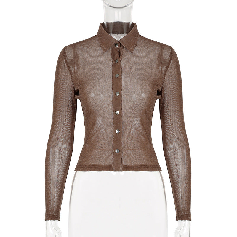 Thin See-Through V-Neck Slim-Fitting Long-Sleeved Blouse Buttoned Top For Women 9