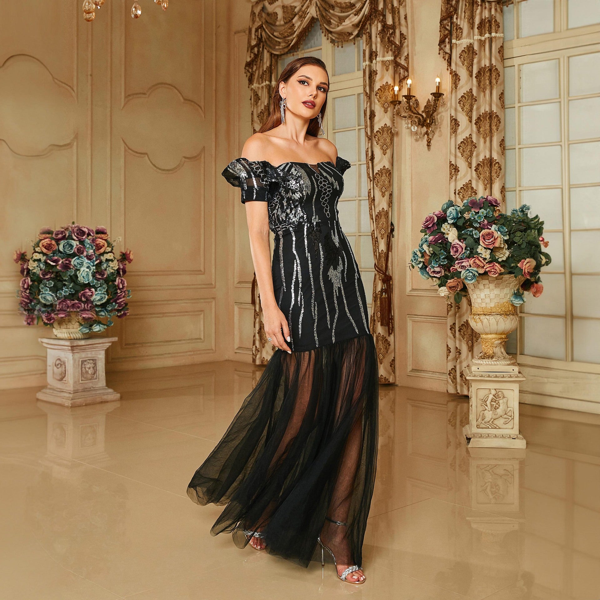 Chic Off Shoulder Sexy Sequin Mesh Patchwork Formal Party Fishtail Evening Dress Long Bridesmaid Dress 3
