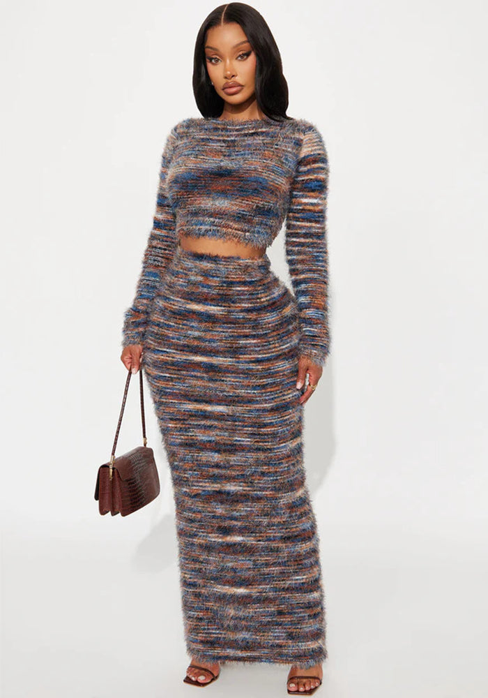 Women's Fashion Knitting Stripes Long Sleeve Two Piece Skirt Set