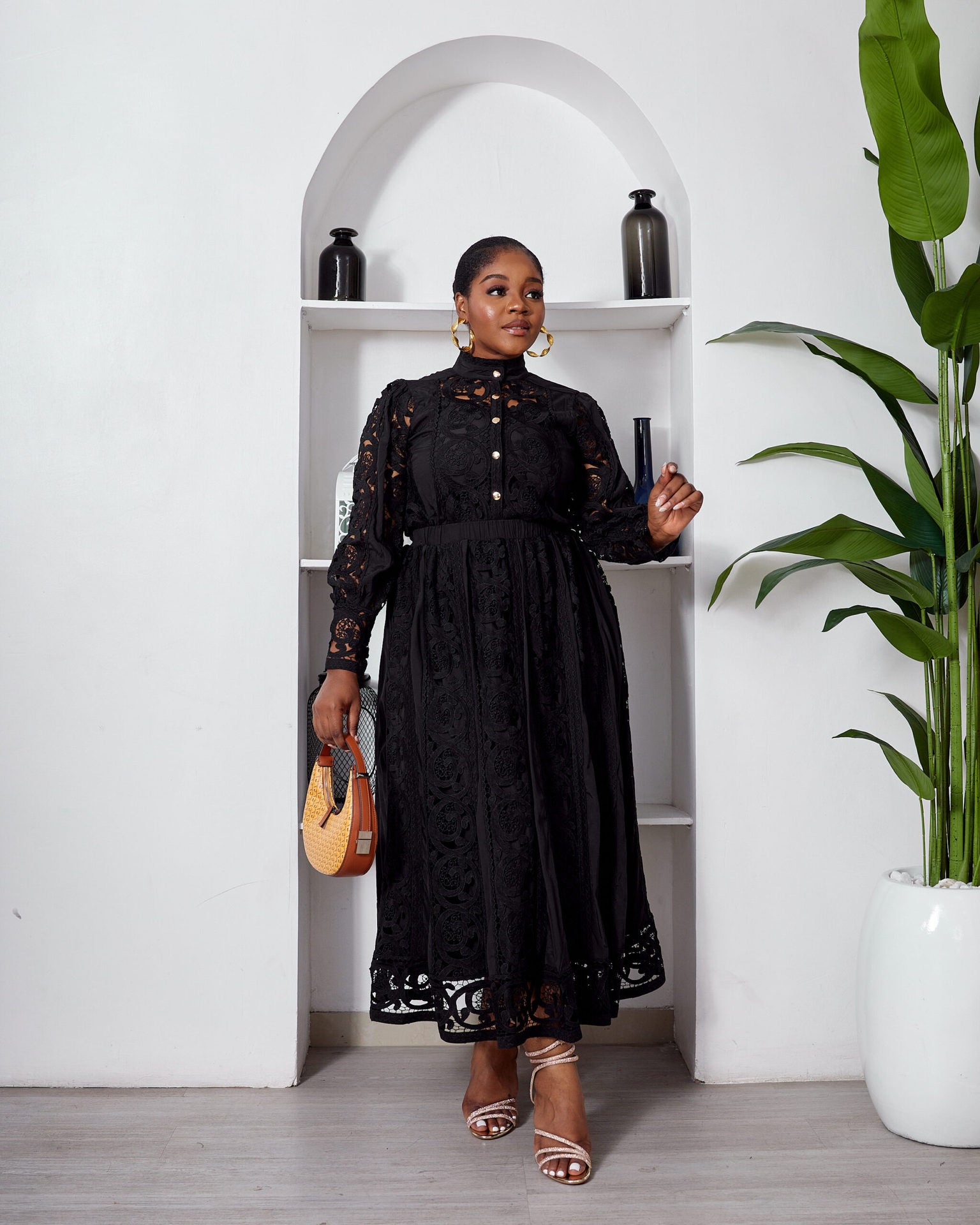 Autumn Lace Sheer Embroidered Blouse High Waist Midi Skirt Set 6