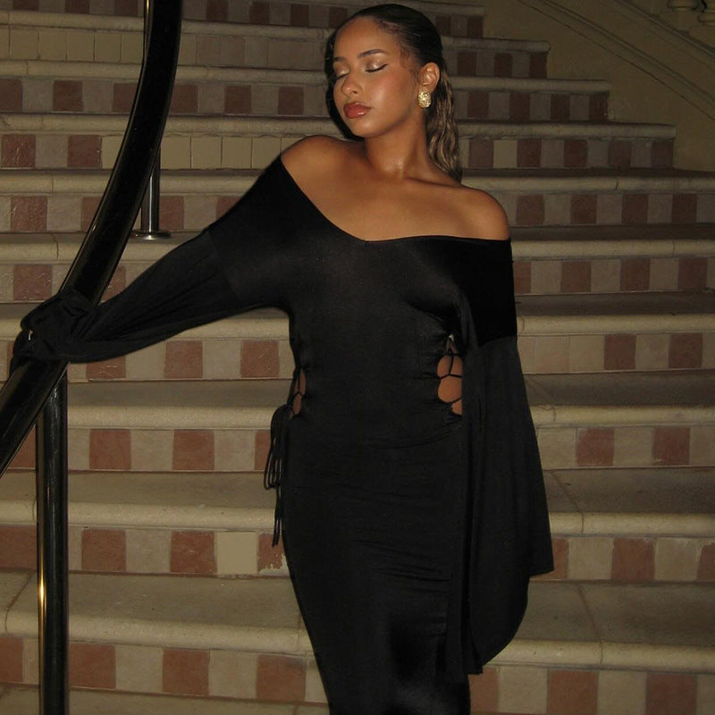 Women Sexy Off Shoulder Bell Bottom Sleeve Drawstring Tie Dress 4