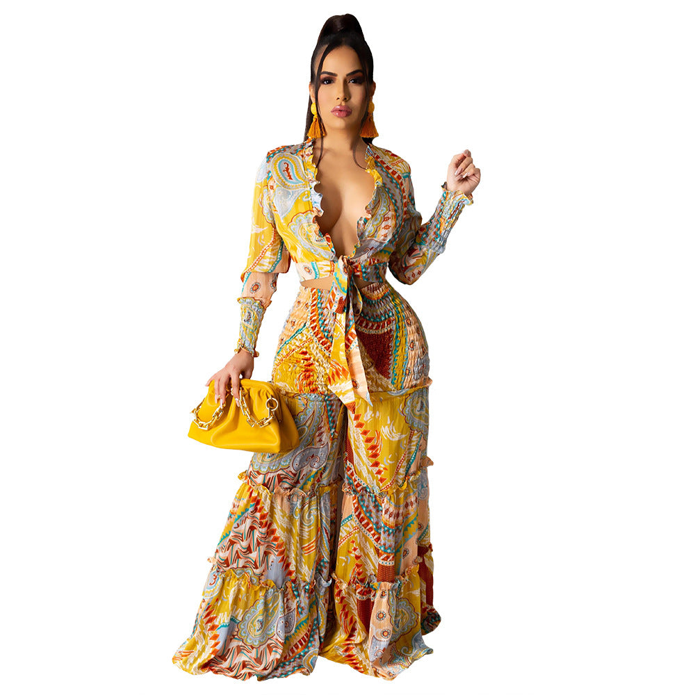 Women chiffon irregular printed long-sleeved top and wide-leg pants Casual two-piece set 11