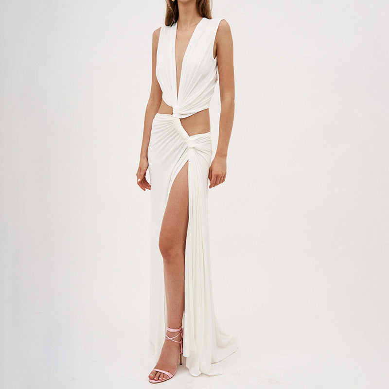 Women's Summer Solid Color Sexy Deep V Hollow Slit Slim Long Dress 18