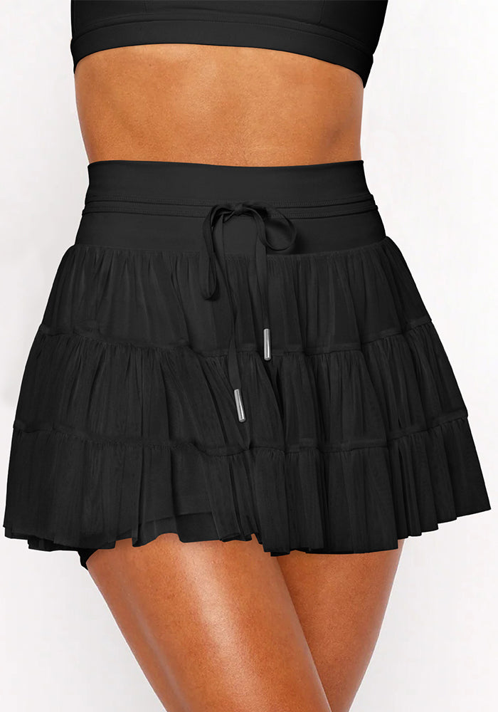 Women Summer Lace-Up Mesh Pleated Skirt