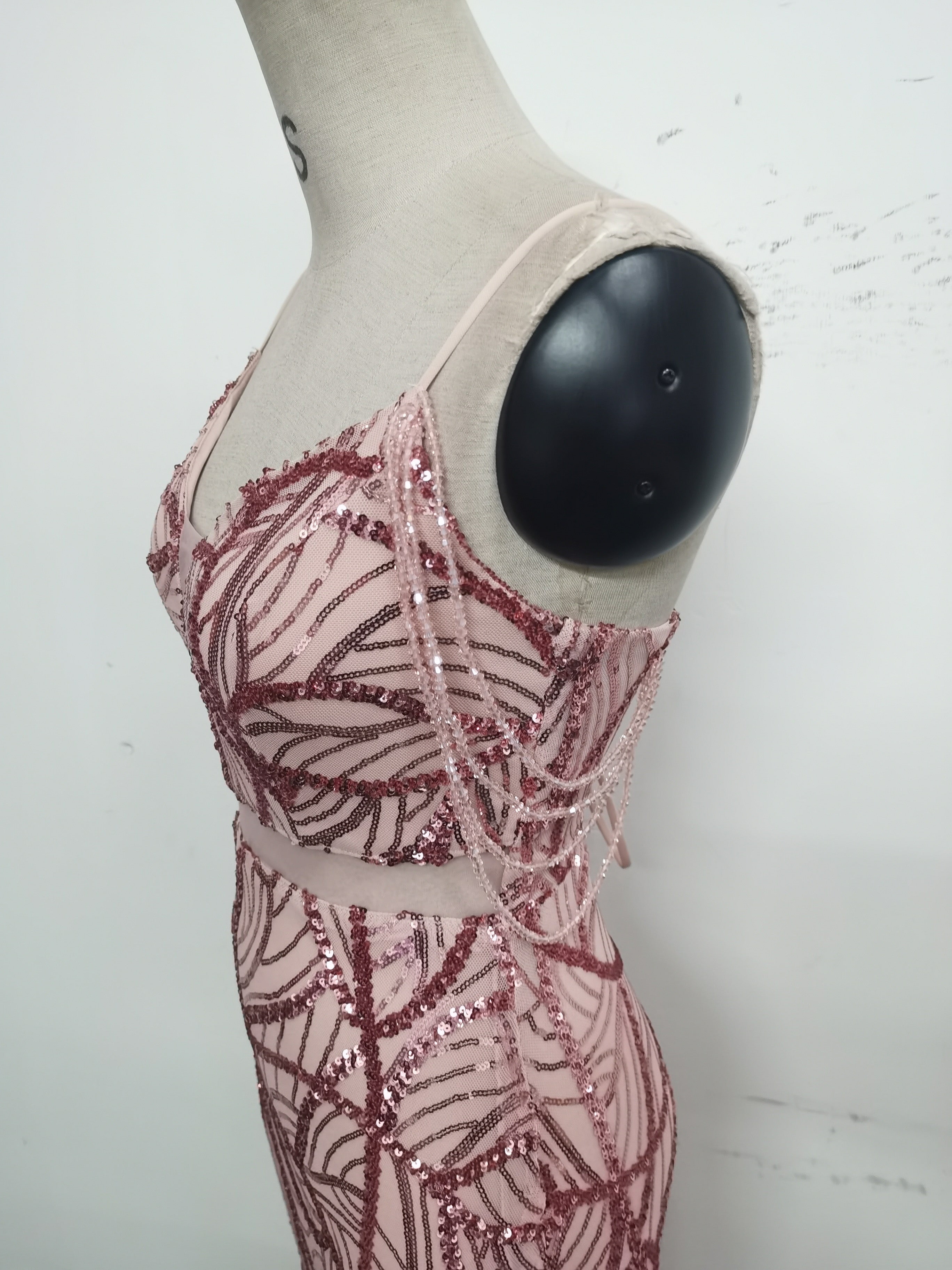 Women beaded cross Lace-Up hollow Patchwork Formal Party evening dress 44