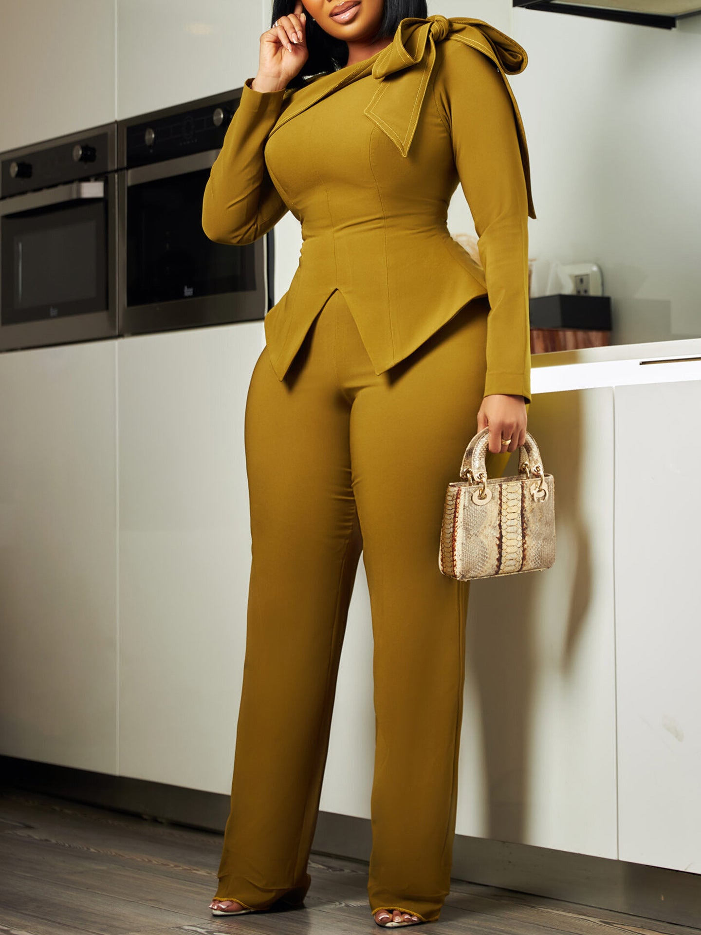 Fashion Women's Winter Fashion Chic Solid Color Long-Sleeved Top Pants African Suit 7