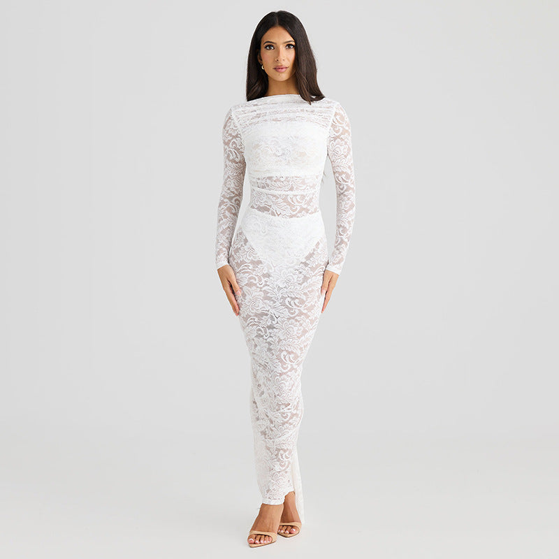 Women Lace Patchwork See-Through Backless Gathered Bodycon Dress