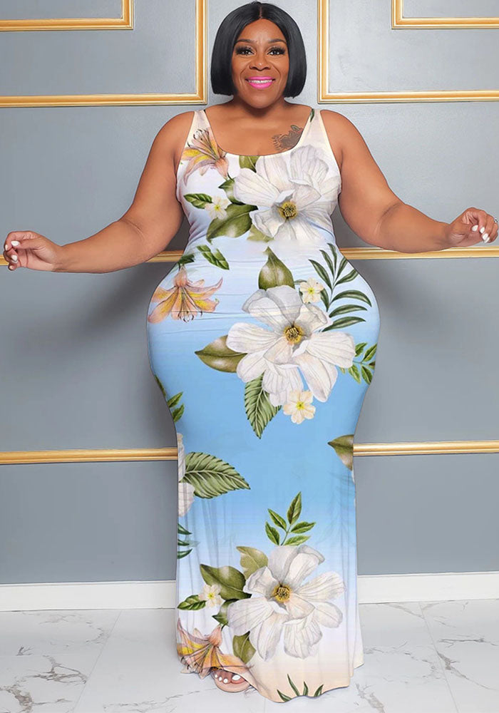 Plus Size Women's Summer Casual Sleeveless Digital Print Long Dress 7