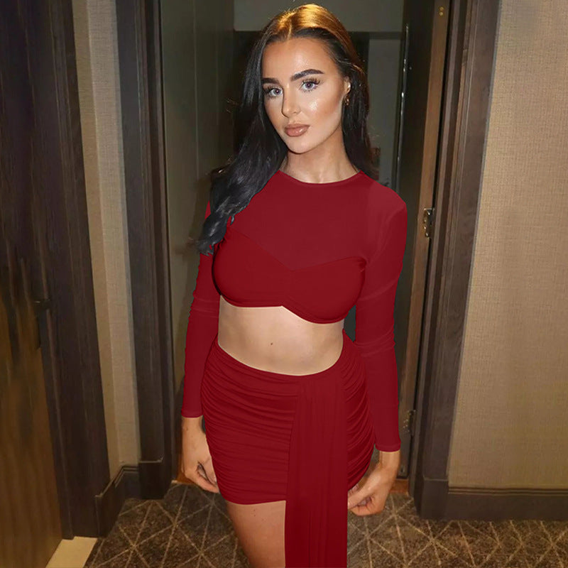 Women's Winter Long-Sleeved Round Neck Mesh Patchwork Short Skirt Two-Piece Set Fashionable Set For Women 4