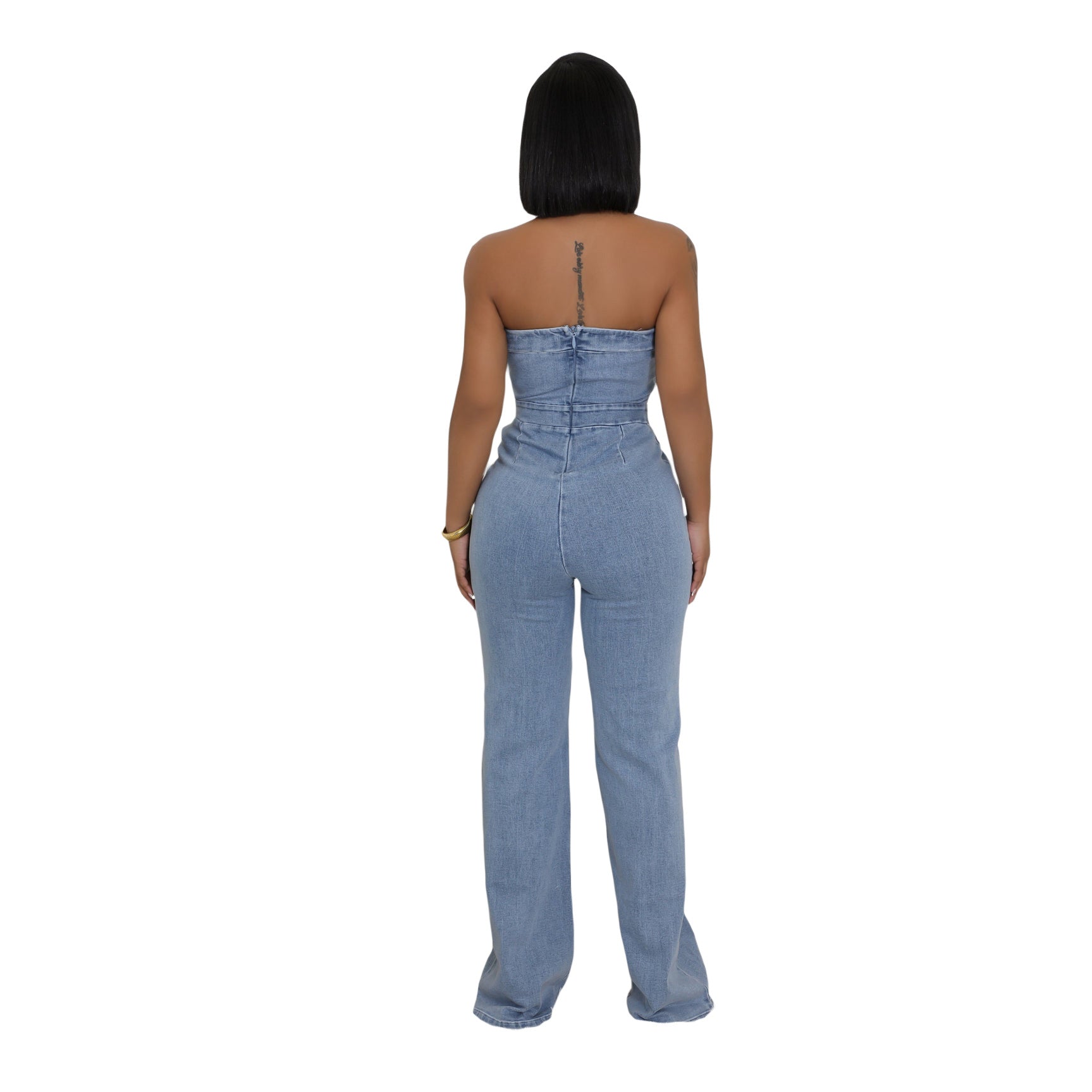 Women's Strapless Slim Waist Elastic Washed Denim Wide-Leg Jumpsuit