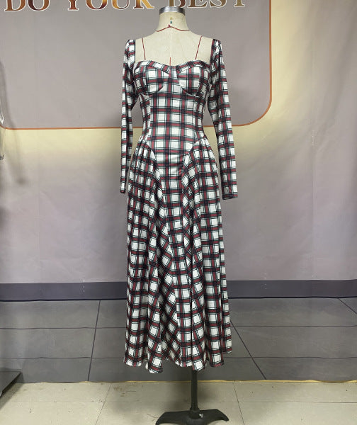 Women Autumn U-neck Plaid Long Sleeve Belt Dress 7