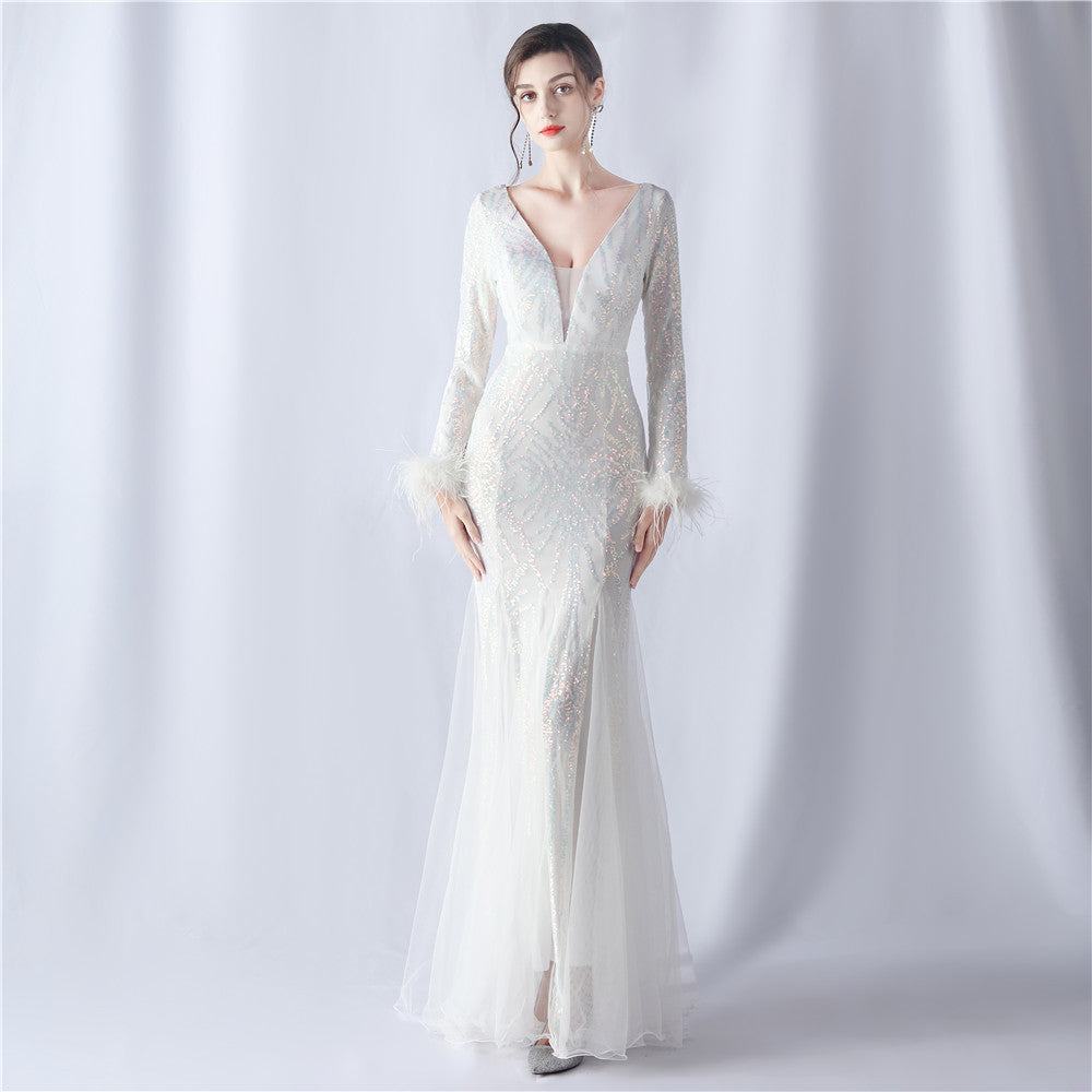 Women ostrich feather mesh sequin evening dress 15