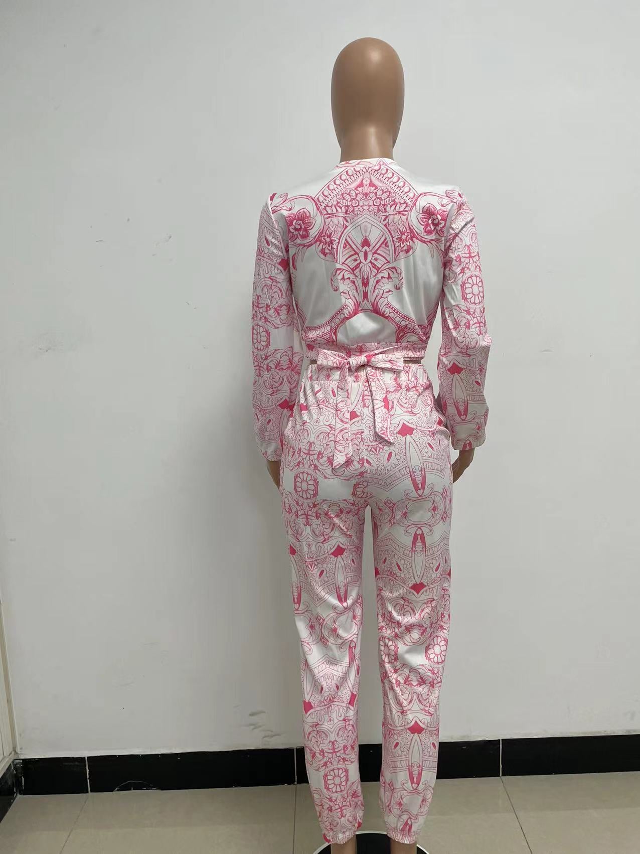 Women Printed Long Sleeve Top+ Pants Two Piece Set 14