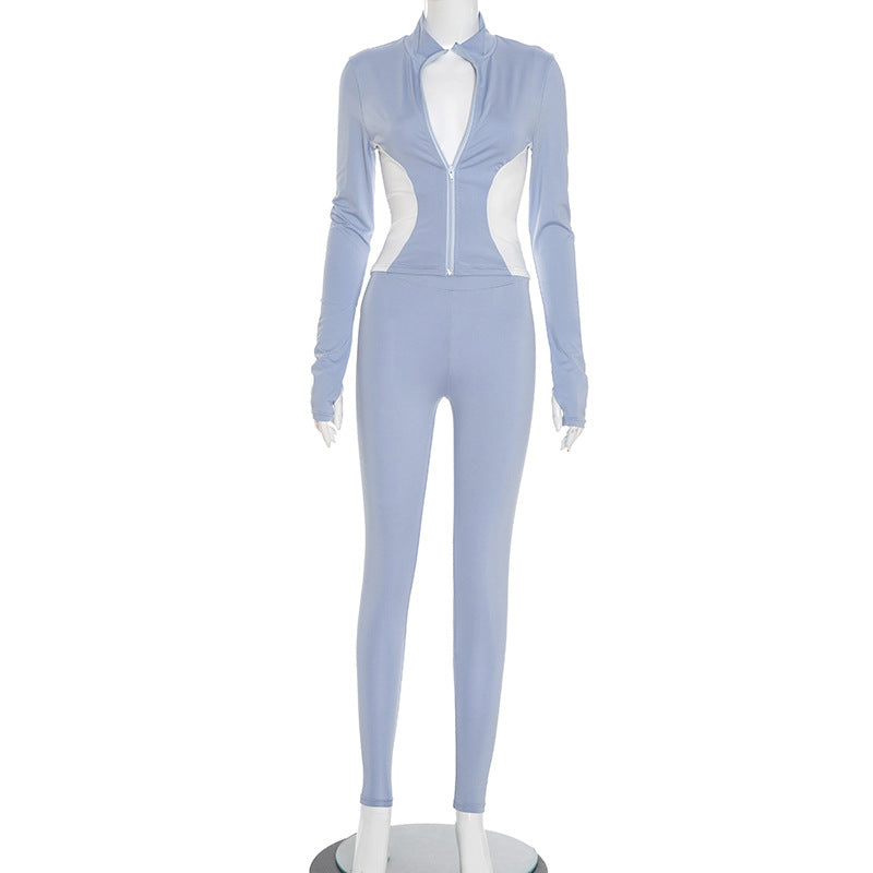 Women Fall Workout Colorblock Sport Jacket Two-Piece Set 8