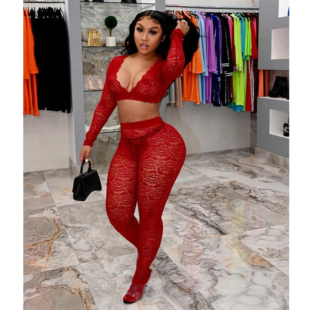 Women's Sexy V-Neck Tight Slim See Through Lace Two-Piece Pants Set 3