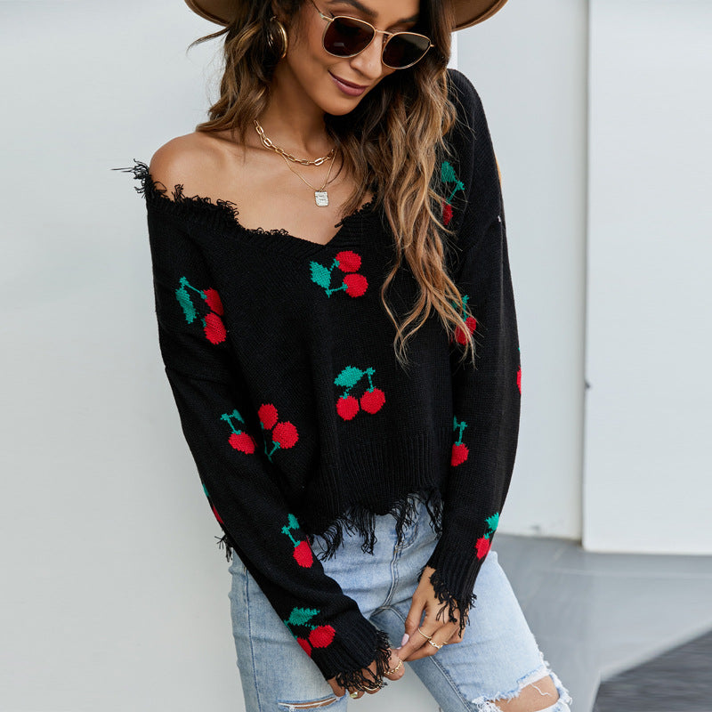 Women Loose V-Neck Tassel Crop Sweater 27