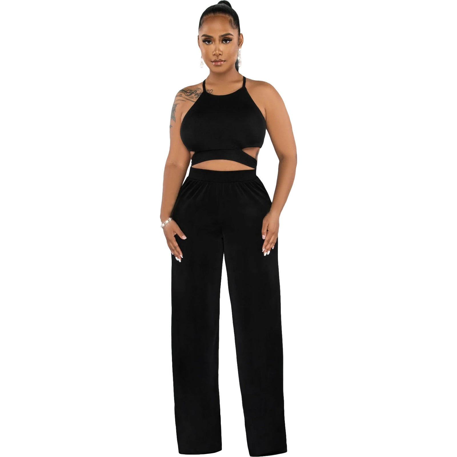 Women Halter Neck Crossover Crop Top andSolid Wide Leg Pants Two-Piece Set 9