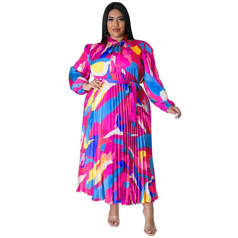 Plus Size Women Lace-Up Long Sleeve Printed Pleated Dress 3