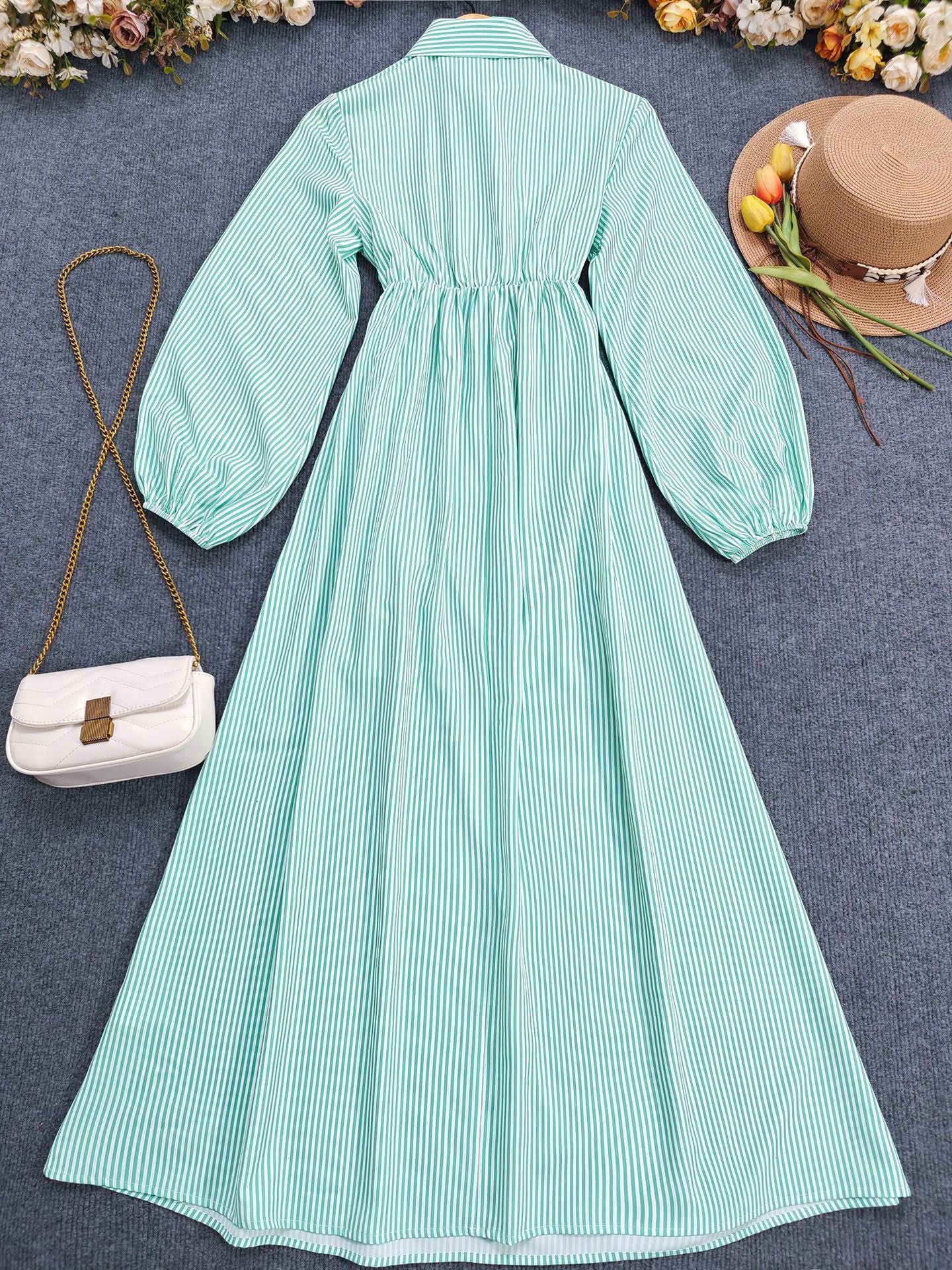 Women's Striped Long Sleeve Turndown Collar Elegant Casual Belted Long Dress 7