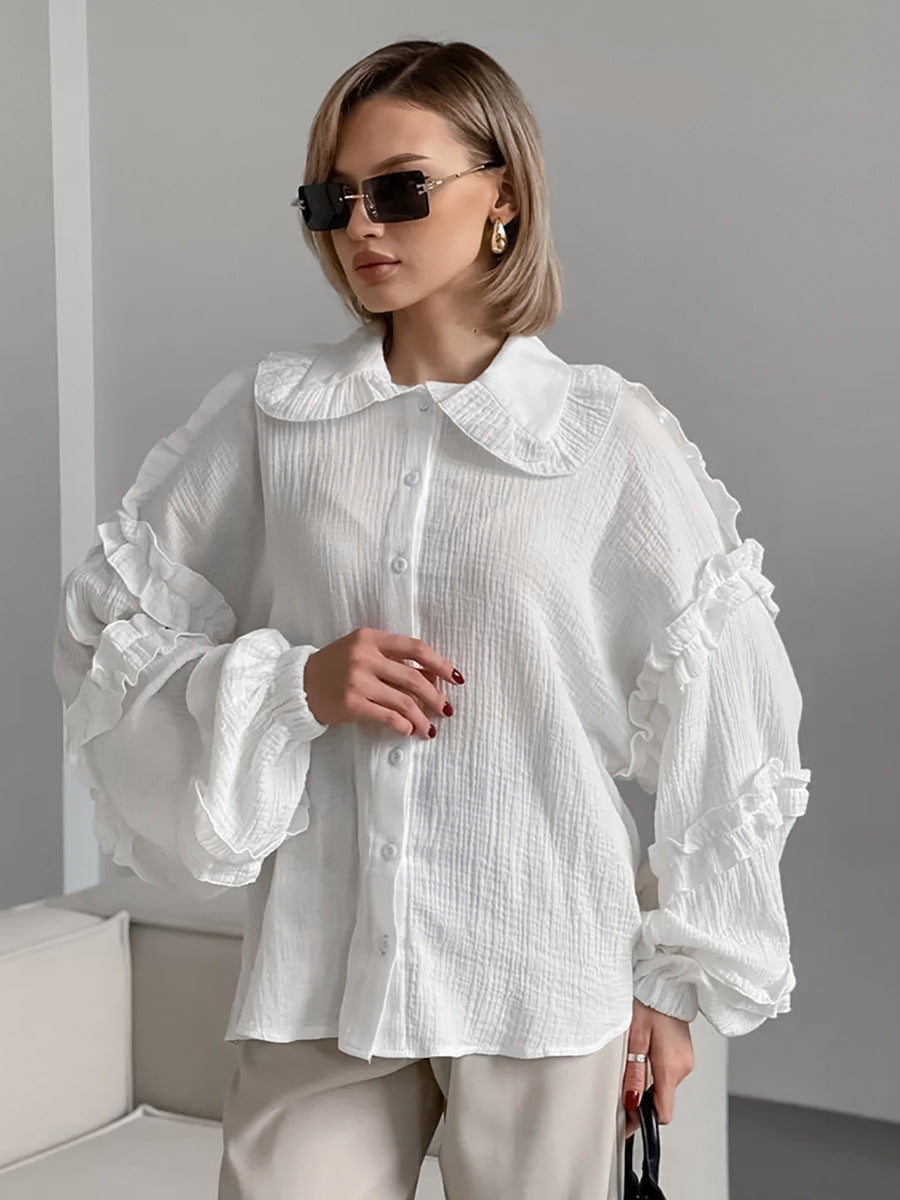 Women Spring and Summer Casual Turndown Clar Lantern Sleeve Career Shirt 3