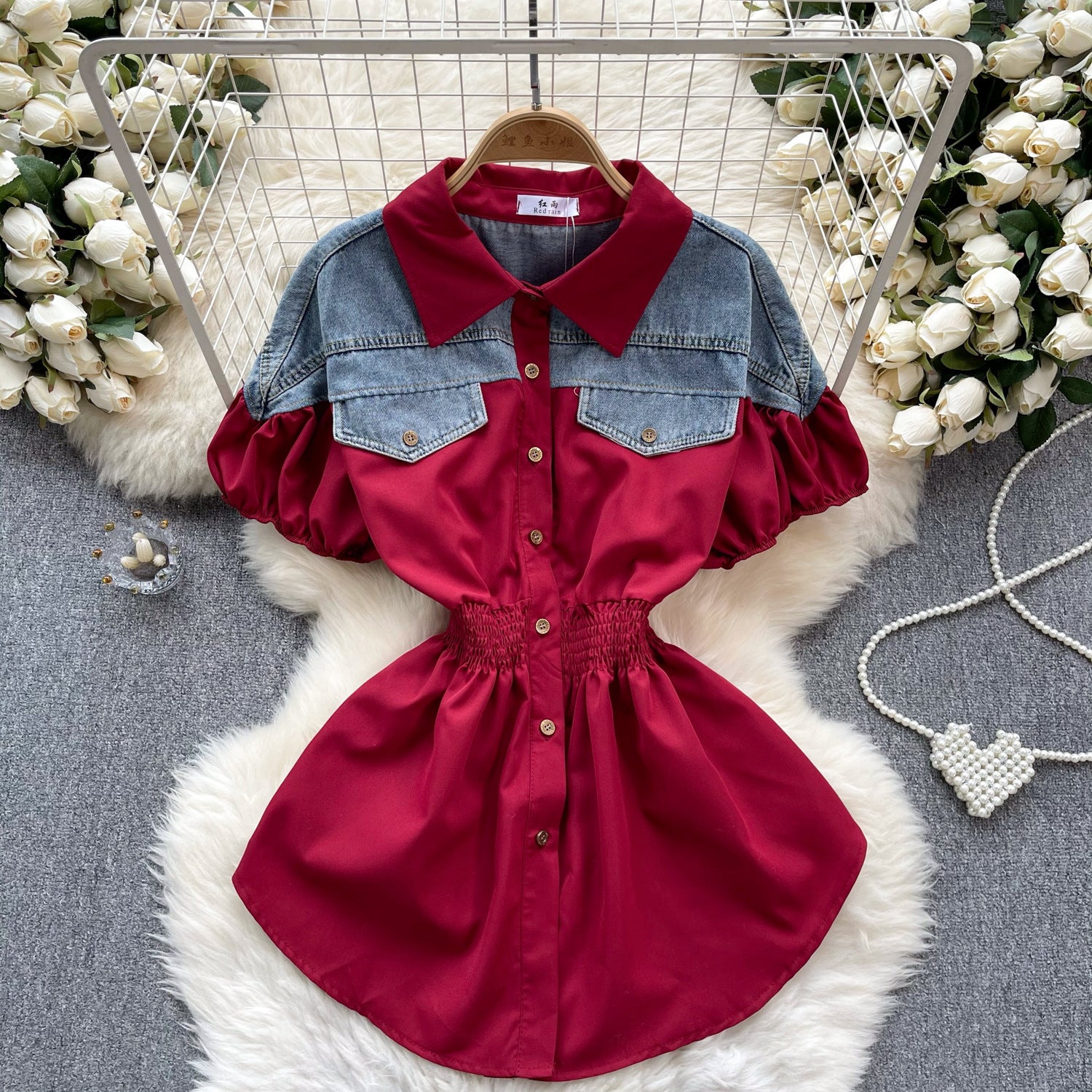 Women Contrast Patchwork Puff Sleeve Stretch Shirt 17